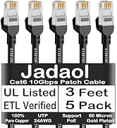 Jadaol Cat6 Ethernet Patch Cables 3ft 5-Pack, 10Gbps 24AWG Pure Copper RJ45 Cat6a Patch Cable, Su...