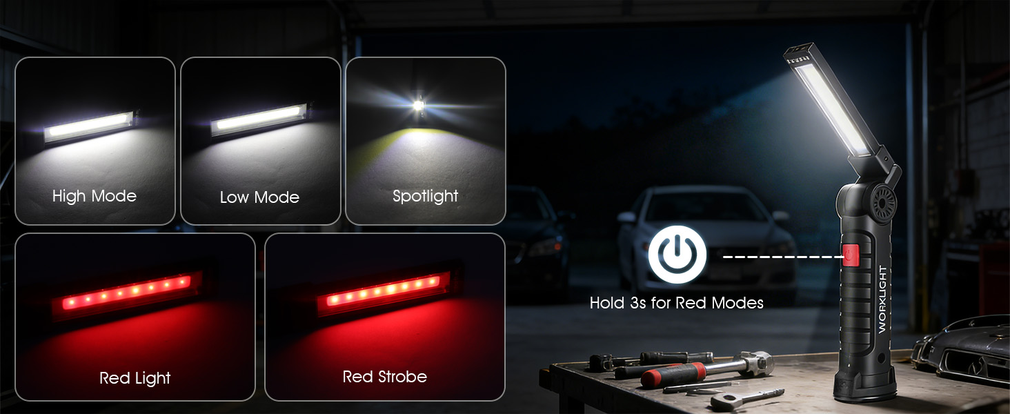 rechargeable folding work light with five lighting modes