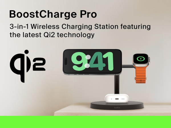 Image of belkin 3 in 1 charging station on a table with text reading boostcharge pro