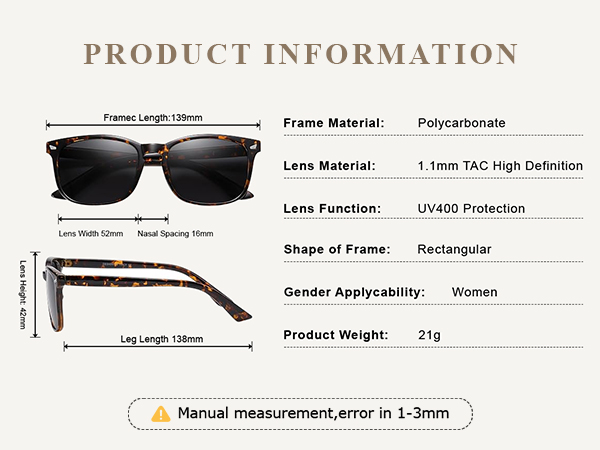 women polarized sunglasses 52mm lens width lightweight 21g rectangular UV400 comfortable all day