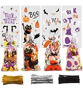 CCINEE Halloween Cellophane Treat Bags, 200pcs Clear Cello Candy Bags with Twsit for Halloween Tr...