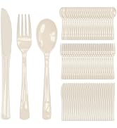 FALIZIFU 150 Pcs Ivory Plastic Cutlery Set Disposable Ivory Heavy Duty Plastic Knives Forks and S...