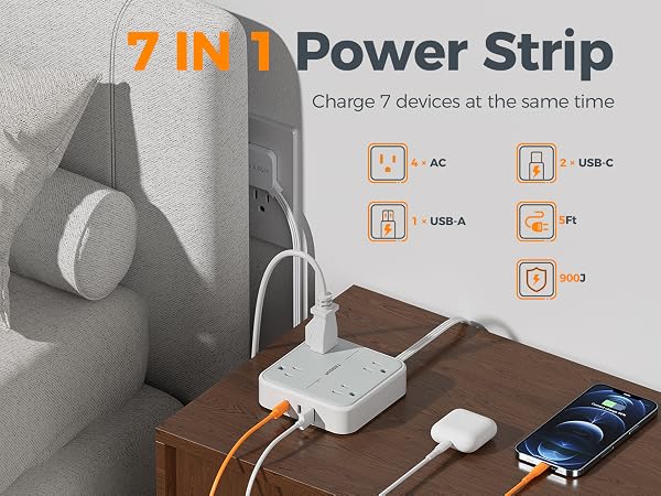 TESSAN Surge Protector Flat Extension Cord 5Ft