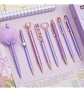 Set of seven decorative pens in purple and rose gold colors, featuring crystal-like tops and displayed on purple patterned background.