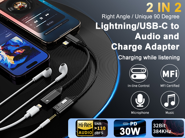 Lightning + USB C to 3.5mm headphone and Charger Adapter