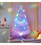 Juegoal 3ft Pre-Lit Artificial Mini Christmas Tree, Lighted Optical Fiber Tabletop Xmas Tree with...