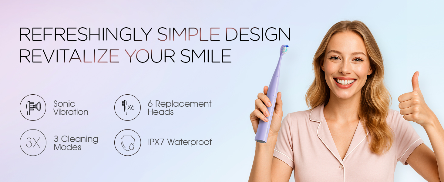 Text reads 'REFRESHINGLY SIMPLE DESIGN' and 'REVITALIZE YOUR SMILE' with circular icons showing product features and benefits.