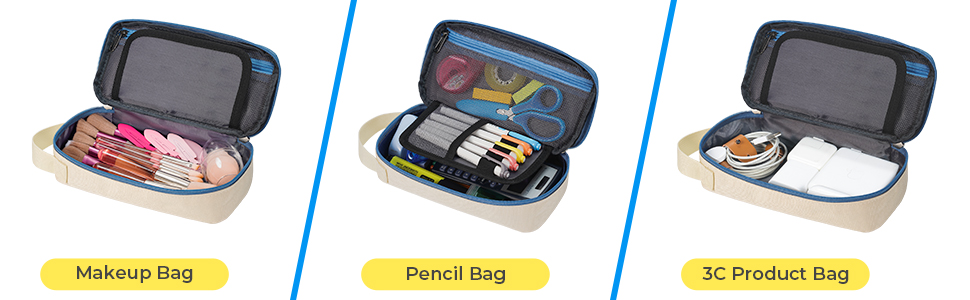 beige pencil case for multiple use like make up, charging cable, office stationary