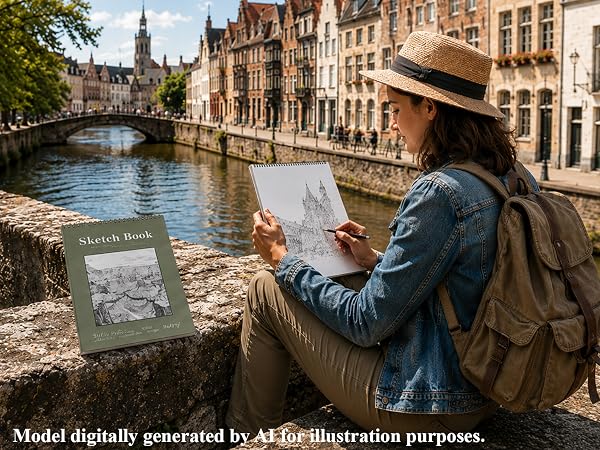 A traveling artist uses a SuFly top spiral sketchbook for an architectural pencil drawing outdoors.