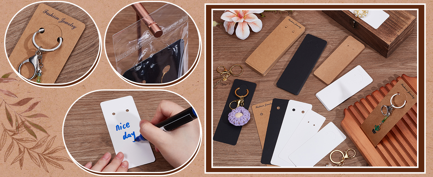 Leather key holders and accessories displayed on wooden surface. Various colors and styles shown, including hanging hooks and writing surface. Circular insets highlight keychain attachment and personalization features.