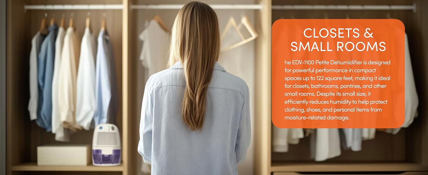 Eva-Dry EDV-1100 Petite Dehumidifier positioned inside a closet, protecting clothes and valuables
