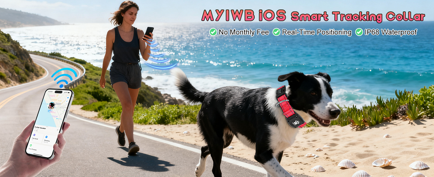MYIWB iOS Smart Dog Tracking Collar, Real-Time GPS, No Monthly Fee, IP68 Waterproof