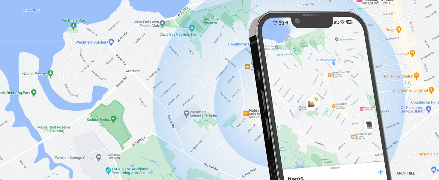 Smartphone displaying a map application, showing part of a city with roads, water bodies, and green areas visible.