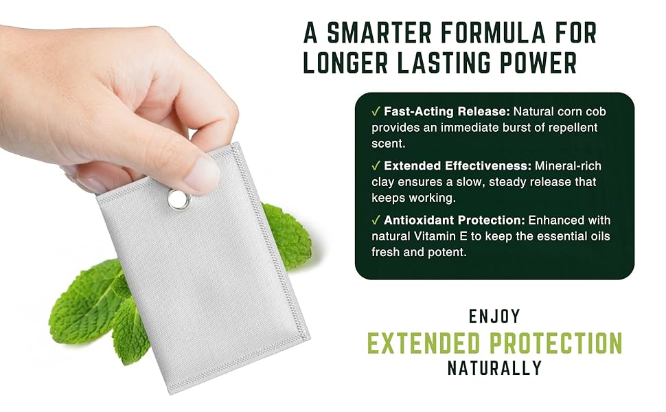 Long-lasting mouse repellent pouches. Fast-acting natural formula for extended pest protection.