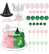 33 Pieces Pink and Green Cake Decorations with Mini Black Witch Hat, Silver Crown, Balloons, Happ...