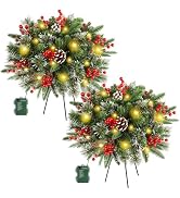 Juegoal 2 Pack Pre-lit Christmas Tree Urn Filler, Lighted Artificial Xmas Pine Trees with Tripod ...