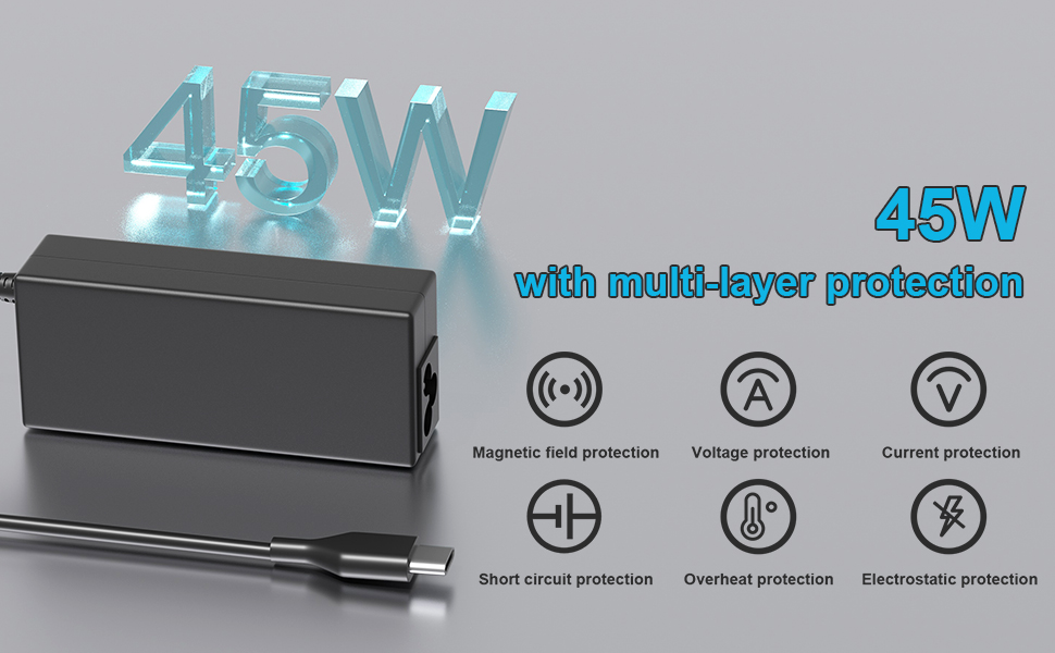 Text reads '45W' and shows technical specification icons. Product demonstration panels showing power and protection features of an electronic device.