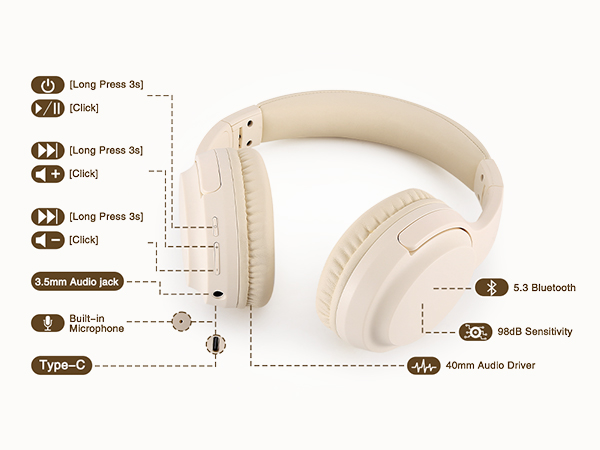 Bluetooth Headphones, Lightweight Beige Cream Headsets, Wireless Headphones for School