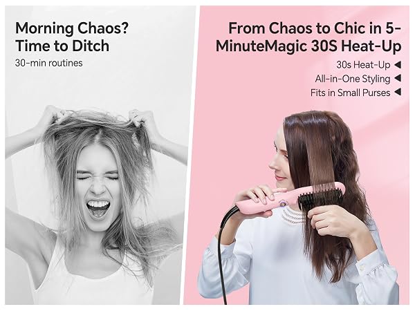 Text reads 'Morning Chaos?', 'From Chaos to Chic in 5-', 'Time to Ditch', 'MinuteMagic 365 Heat-Up'. Series of lifestyle product marketing images arranged horizontally.