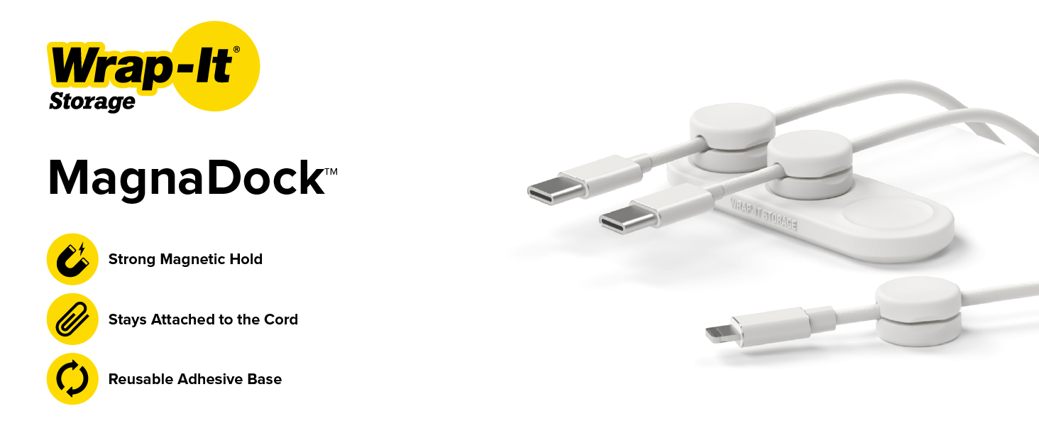The MagnaDock magnetic desktop cord organizer from Wrap-It Storage