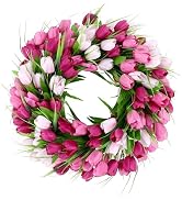 U'Artlines 20 Inch Tulip Wreath for Front Door, Spring Summer Silk Wreath with Green Leaves Artif...