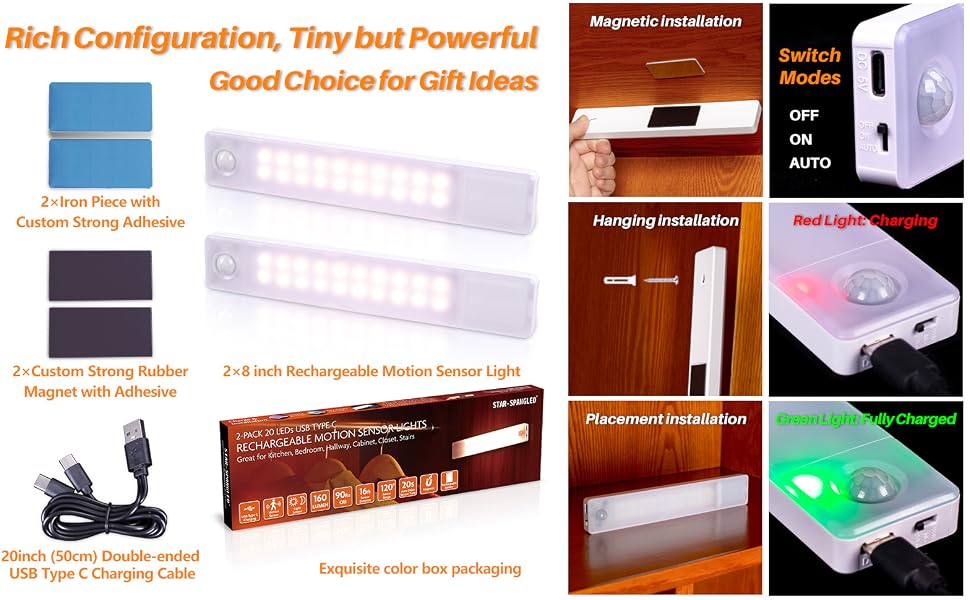 Under Cabinet Lights, Rechargeable Motion Sensor Light Indoor, Stick on LED Magnetic Closet Light