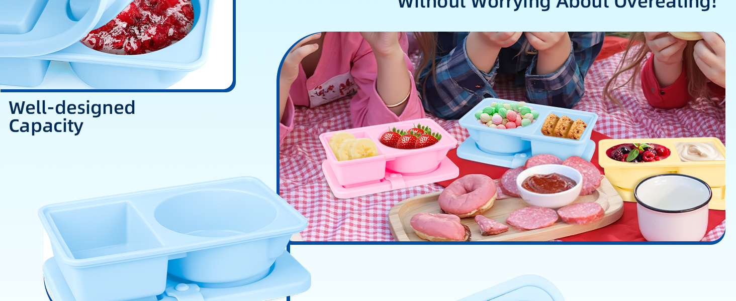 3 Pack Silicone Reusable Snack Containers with Lids, Double Compartment Snackle Box Containers