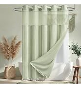 BTTN Sage Green Ringless Shower Curtain with Snap in Liner, Boho Vintage Linen Fabric Waterproof ...