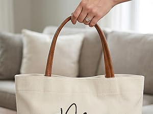 Comfortable premium brown leather handles on personalized wedding tote bag