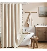 BTTN Scalloped Edge Shower Curtain, Boho Linen Textured Heavy Duty Shower Curtain Set with 12 Pla...