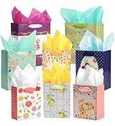 8 Pack Floral Kraft Paper Gift Bags Assorted Sizes (2 Large 13", 3 Medium 9.6",3 Small 6.3") with...
