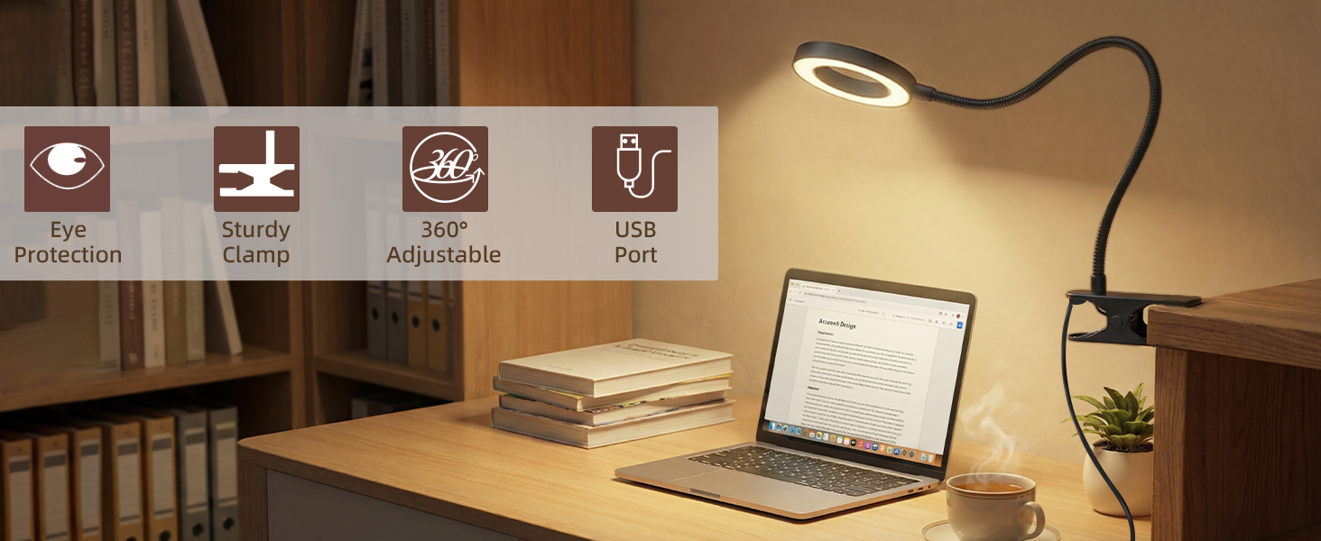 USB clip on desk lamp with clamp on office desk, 48 LED book light for reading, eye protection