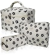 Gosect 3pc Makeup Bag Set, Quilted Makeup Bag Set, Large Floral Cosmetic Bag for Women, Cute Cott...