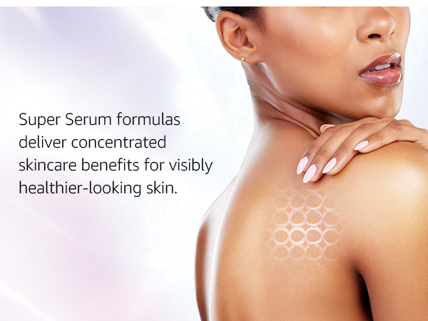 A woman touching her shoulder, promoting Super Serum formula
