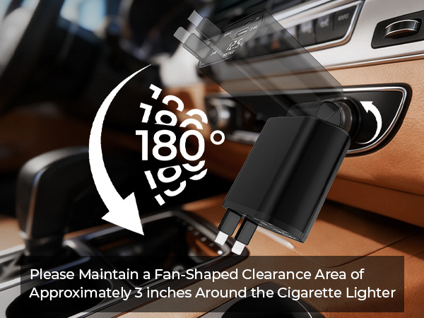 The 180° adjustable charger fits snugly into the cigarette lighter socket without wobbling.