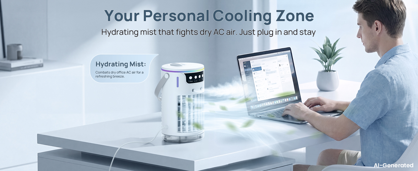 USB powered water air cooler providing a gentle hydrating breeze for your workspace