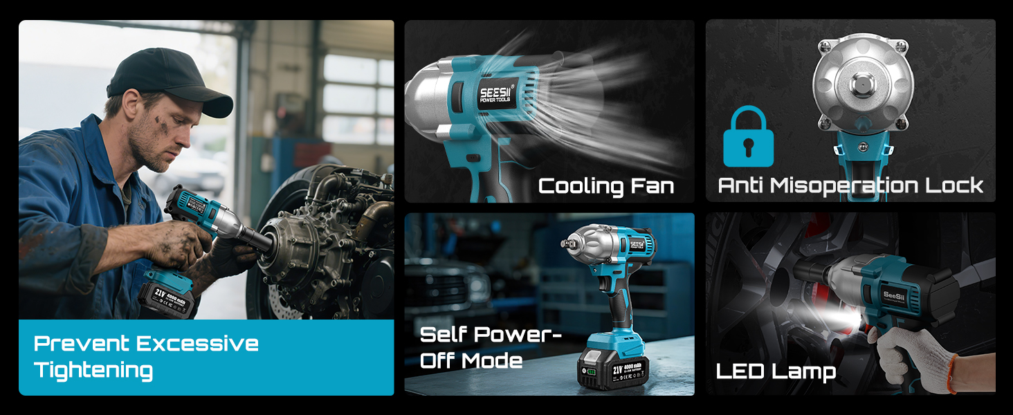 SEESII 21V tool: cooling fan, safety lock, LED. Prevents over-tightening, auto power-off.