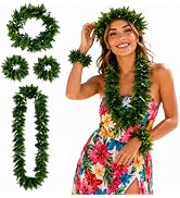 Alipis 4Pcs Green Hawaiian Leis Set: Artificial Leaf Lei Garland Necklace with Headband - Wristba...