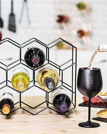 Lifestyle product photography showing table settings with wine glasses and decorative elements, combined with geometric pattern overlays.