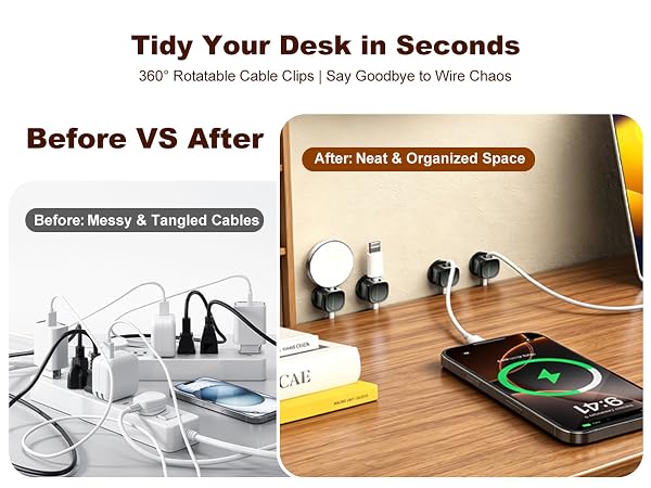 Cable clip before & after, tidy messy tangled wires for clean organized desktop