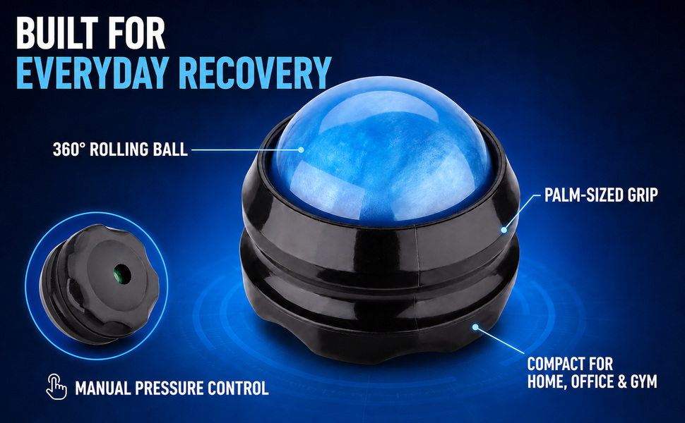 Blue and black roller with 360 movement, grip and portability callouts