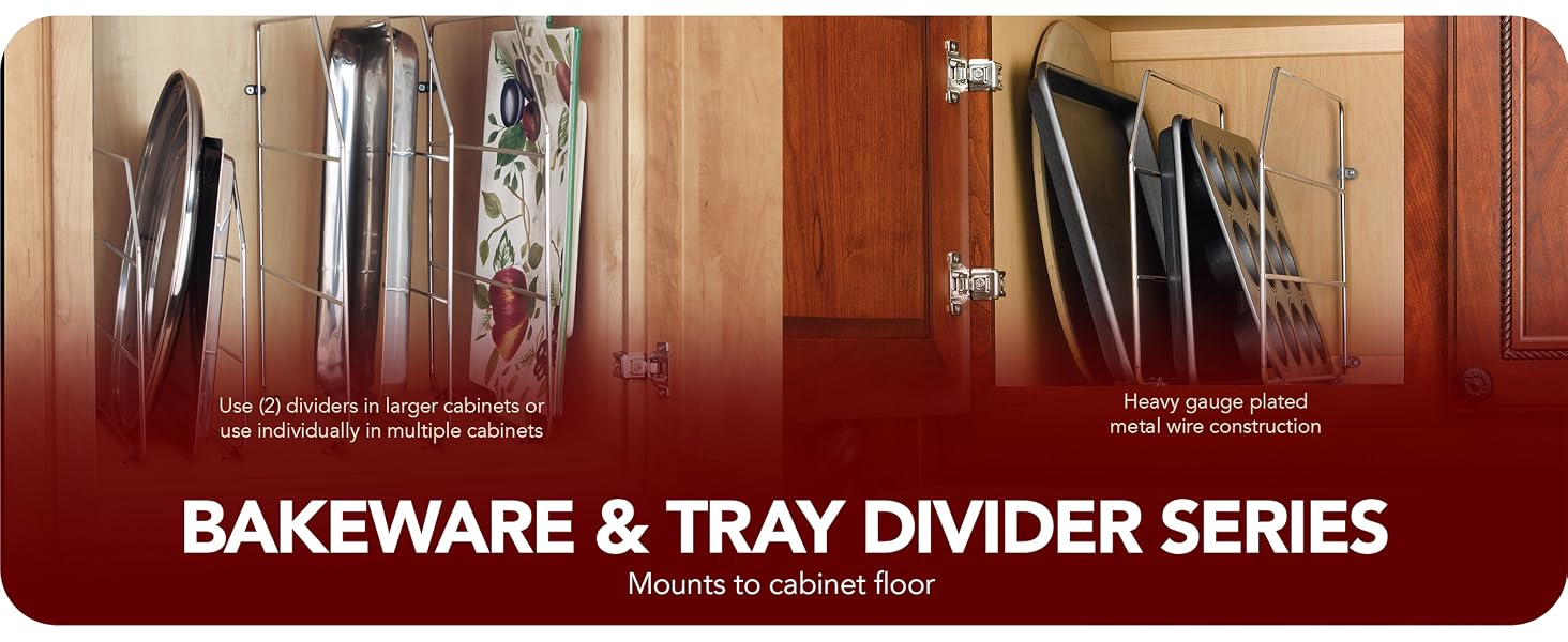 Images of Tray Dividers inside cabinet. Text reads: Rev-A-Shelf Tray DividerSeries.
