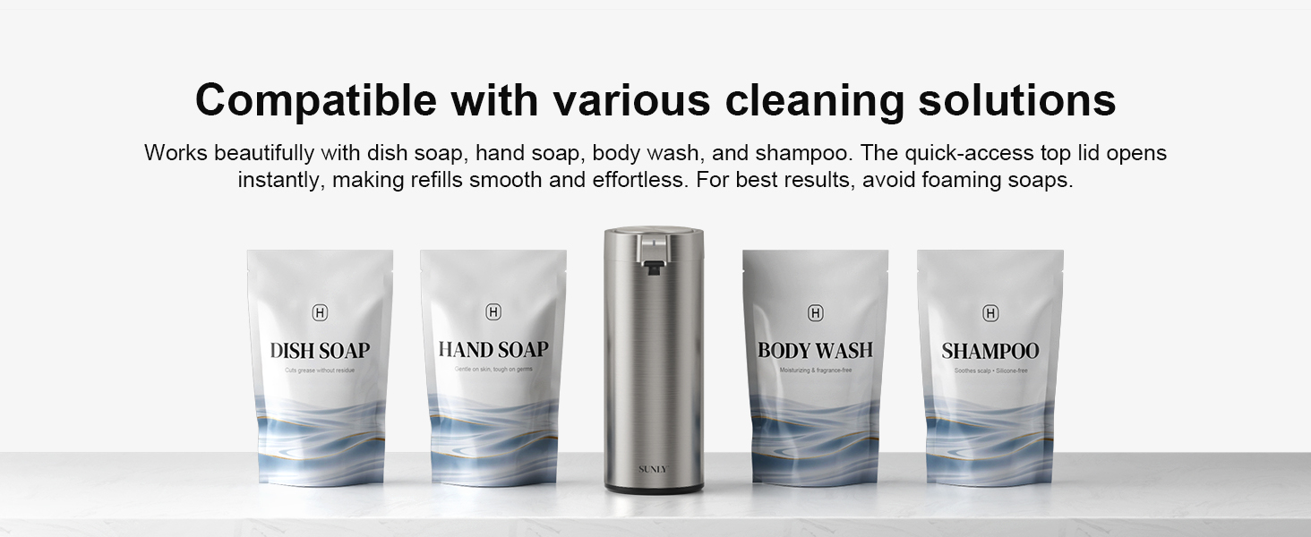 Works with dish soap, hand soap, body wash or shampoo, good for kitchen and bathroom use.