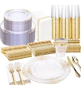 Nervure 350PCS Clear Gold Plastic Plates - Gold Plastic Dinnerware Sets for 50 Guests - 100 Dispo...