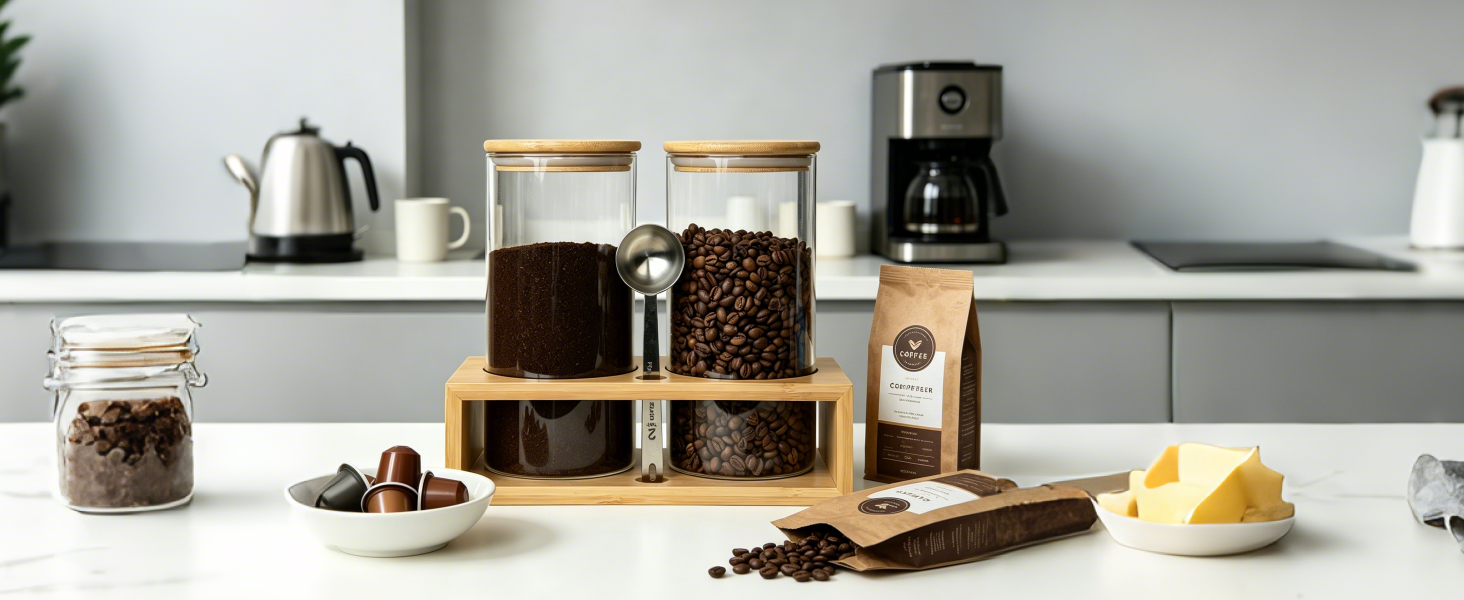 Coffee Container for Ground Coffee & Beans, Airtight Coffee Jar with Scoop for Coffee Bar