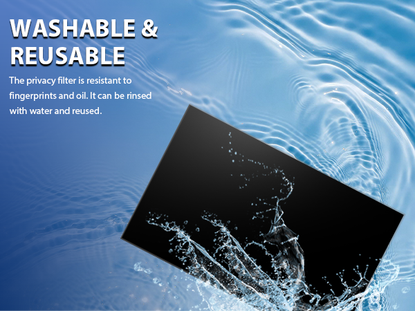 Text reads 'WASHABLE & REUSABLE'. Product demonstration showing water splashing on a black surface, illustrating water-resistant properties across multiple frames.