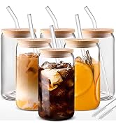 Glass Cups with Lids and Straws 6 pcs, 16 oz-DWTS Cute Tumbler,Beer Drinking Glasses,Clear for Ic...