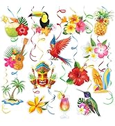 32 Pcs Tropical Hawaiian Luau Hanging Swirl Decorations, Hibiscus Parrot Tiki Pineapple Hummingbi...