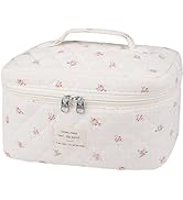 Large Travel Quilted Makeup Bag for Women,Big Floral Cotton Cosmetic Bag, Cute Coquette Aesthetic...