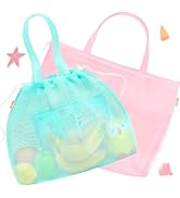 Tagitary Beach Toys Kids Beach Bag Tote with Drawstring, Pink Blue Mesh Bag Travel Beach Essentia...